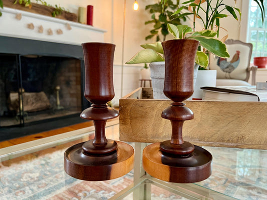Pair of Vintage Wooden Candle Sticks, Hand Carved Tulip Shaped Candle Holders, MCM, Olive Wood, Treenware, Taper Candlesticks, Danish Modern