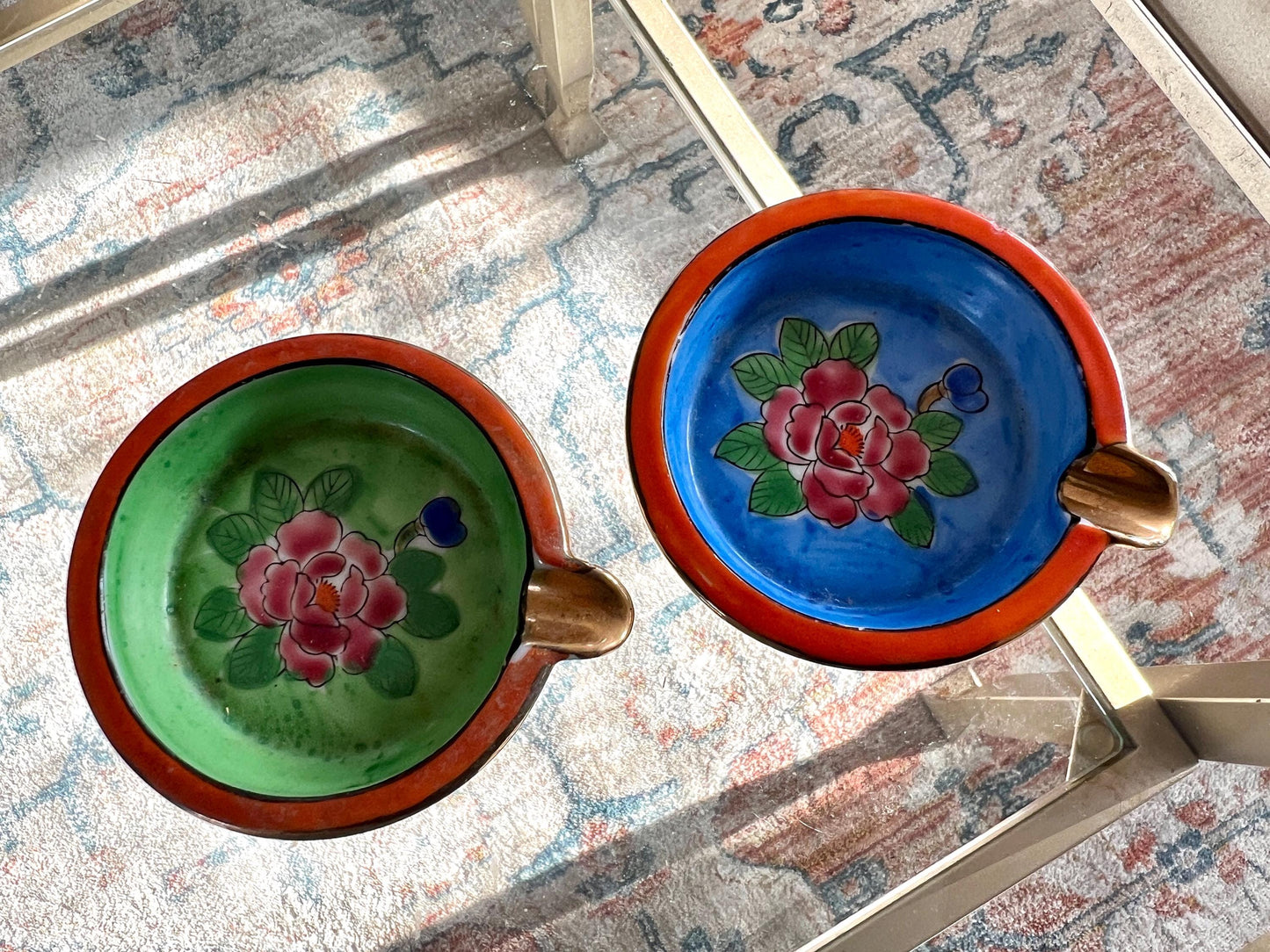 Vintage Set of Hand Painted Floral Ash Trays, Small Round Ring Dish, Trinket Bowl, Ashtray, Japan