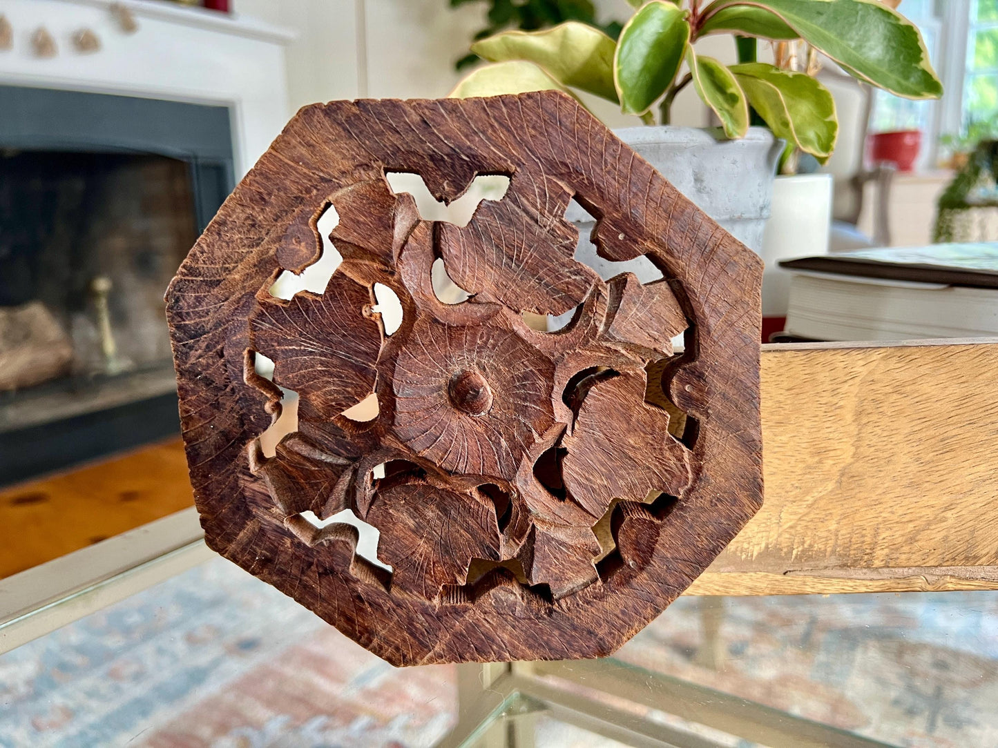 Vintage Carved Wooden Trivet, Footed Plant Stand, Floral Design Wood Carving, Boho, Octagon