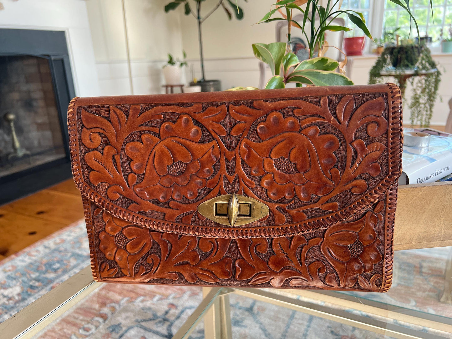 Vintage Tooled Leather Clutch, Large Hand Bag, Purse, Brown Leather, Floral Design Leather, Hand Tooled, Country, Western