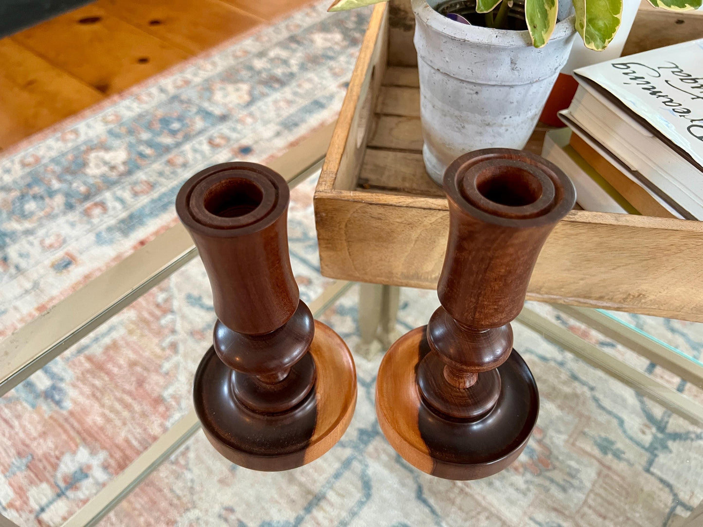 Pair of Vintage Wooden Candle Sticks, Hand Carved Tulip Shaped Candle Holders, MCM, Olive Wood, Treenware, Taper Candlesticks, Danish Modern