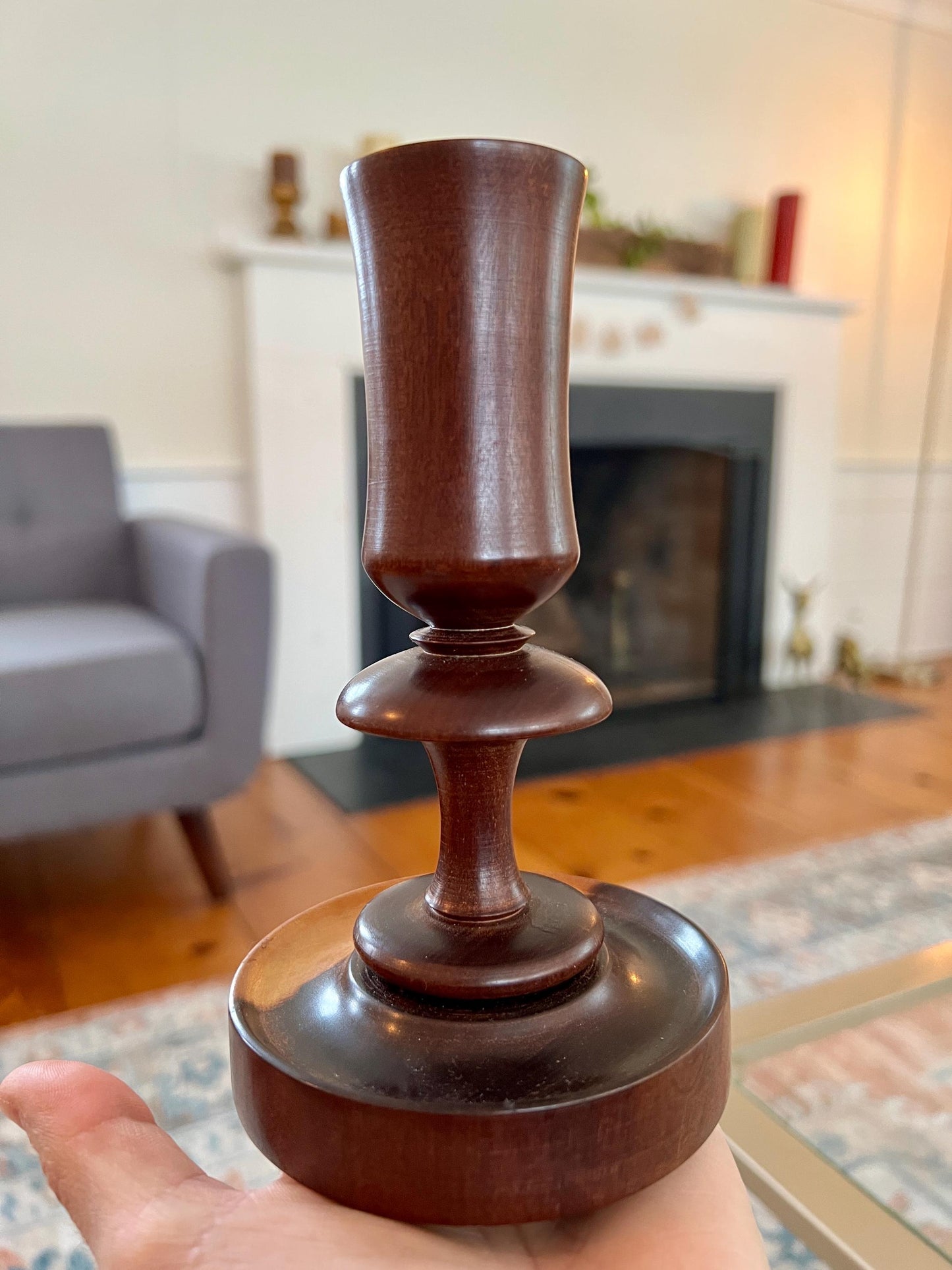 Pair of Vintage Wooden Candle Sticks, Hand Carved Tulip Shaped Candle Holders, MCM, Olive Wood, Treenware, Taper Candlesticks, Danish Modern