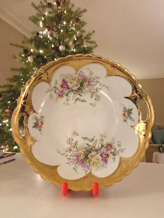 Antique 19th Century Floral Round Bowl, Serving Bowl, Exquisite Gold Gilt Accent Trims, Made in Germany