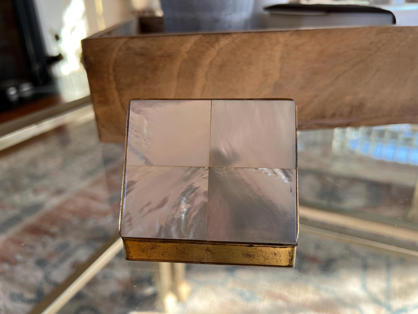 Brass and Mother of Pearl Compact Box, Lidded Hinge Brass Box, Makeup Compact, Cigarette Holder