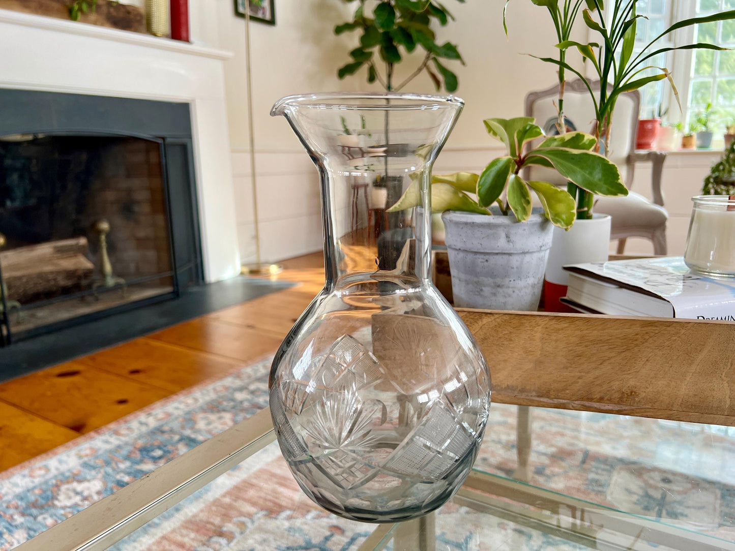 Vintage Crystal Glass Pitcher with Styled Silver Plated Handle, Crystal Cut Glass Pitcher, Etched Glass Water Pitcher