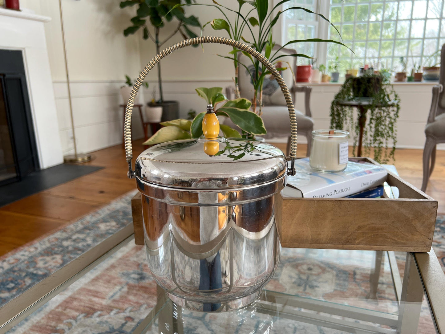 Vintage Silver Mid Century Modern Ice Bucket, The Sheffield Silver Company with Pyrex Insert, Made in USA, EPC, Barware, Bar Cart