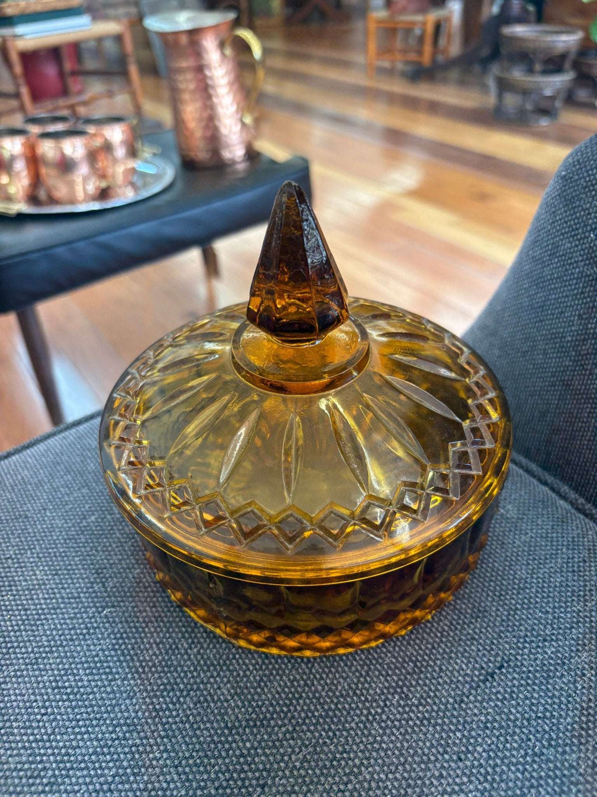 Indiana Glass Diamond Princess Covered Candy Dish — Amber Gold, Vintage - Loom Vintage