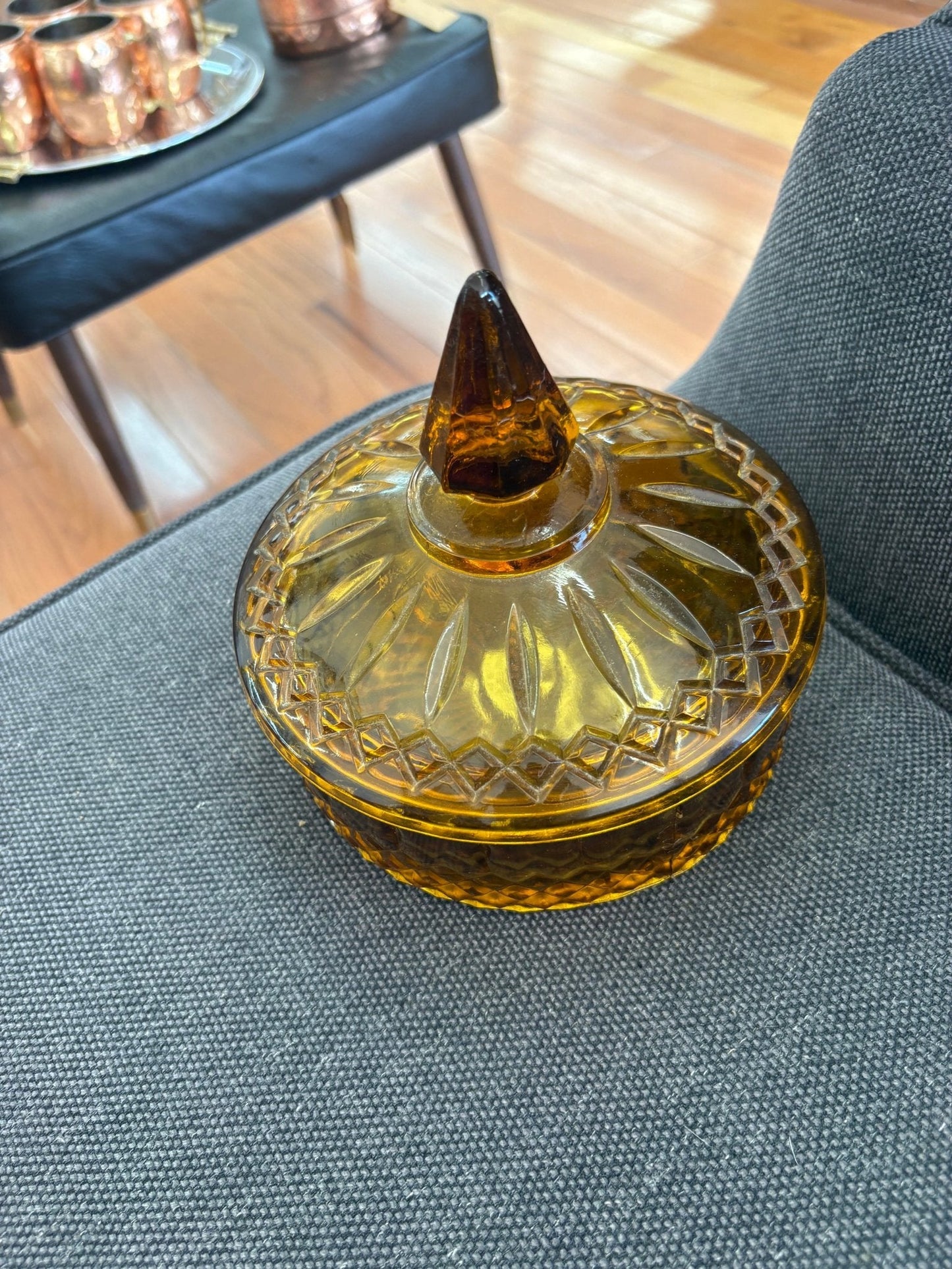 Indiana Glass Diamond Princess Covered Candy Dish — Amber Gold, Vintage - Loom Vintage