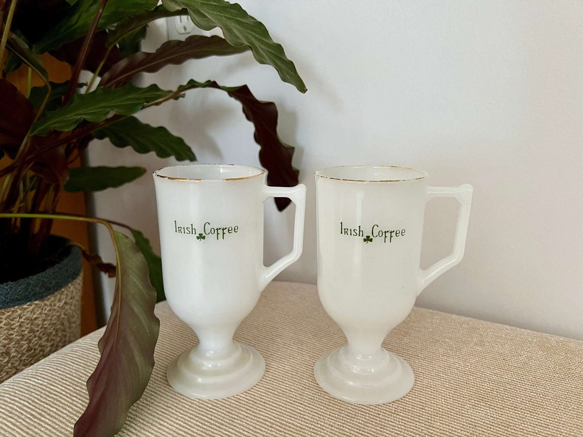 Irish Coffee Milk Glass Mugs. Set of 2. Federal Glass. Shamrock with Gold Trim. St. Patrick's Day. Vintage Mugs - Loom Vintage