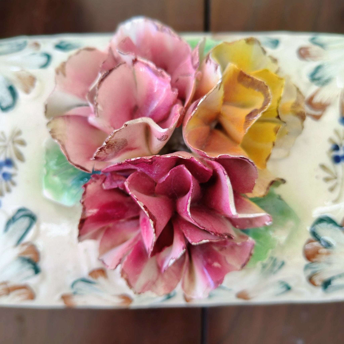 Italian Hand-Painted Pottery Trinket Box — Sculpted Floral Lid, Pink & Yellow, c. Early 20th Century - Loom Vintage