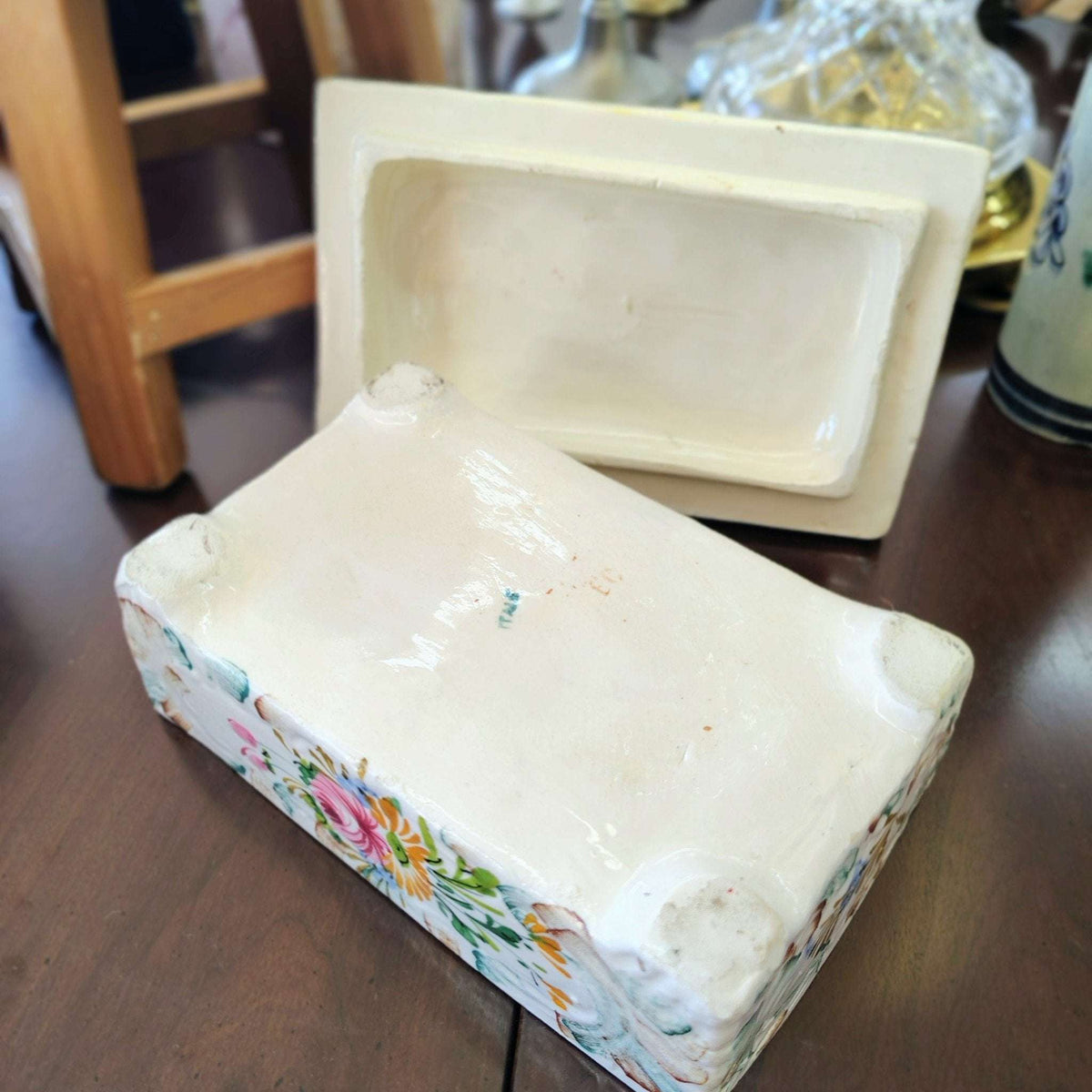 Italian Hand-Painted Pottery Trinket Box — Sculpted Floral Lid, Pink & Yellow, c. Early 20th Century - Loom Vintage