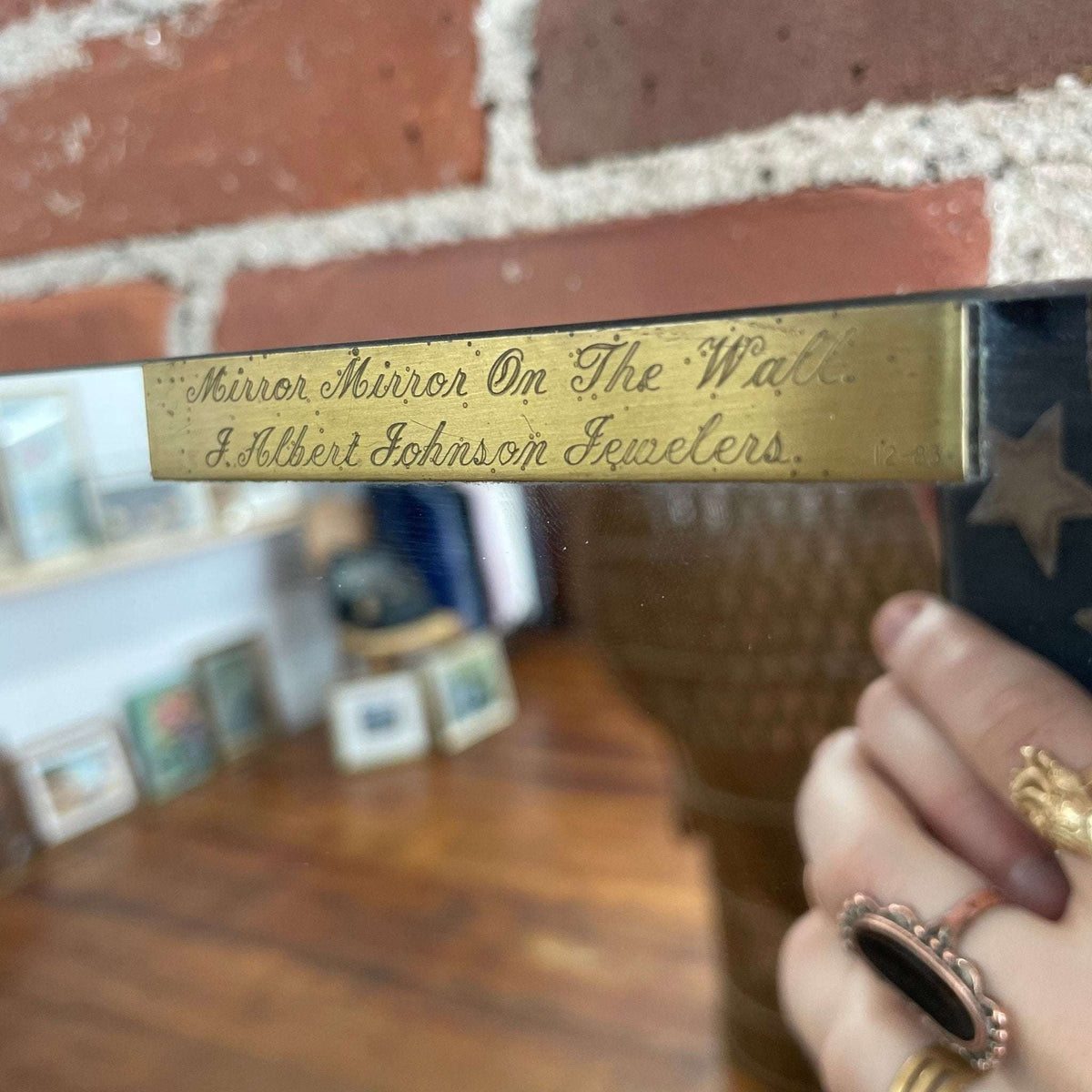 J. Albert Johnson Jewelers Display Mirror — Engraved Brass & Lucite, Cast Brass Base, 24″ - Loom Vintage
