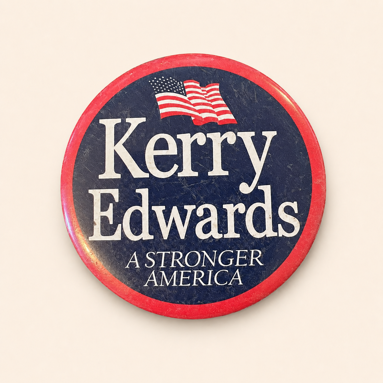 Kerry Edwards 2004 campaign button, A Stronger America, flag on navy