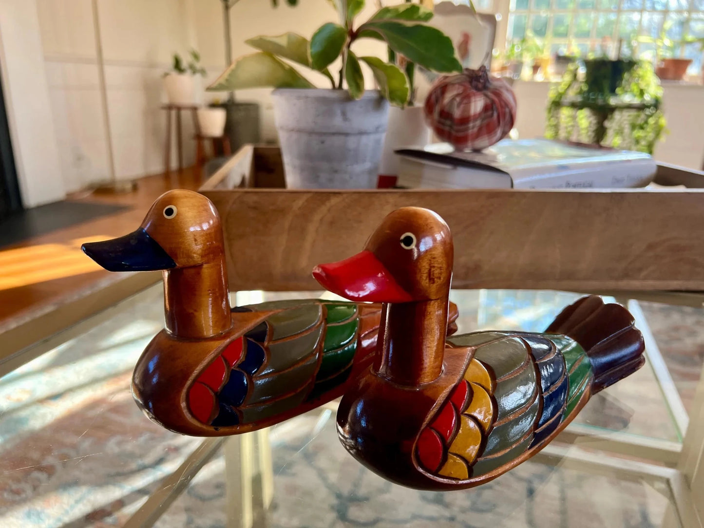 Korean Wedding Ducks, Hand-Carved & Painted Wood Mallard Pair — Vintage Folk Art - Loom Vintage