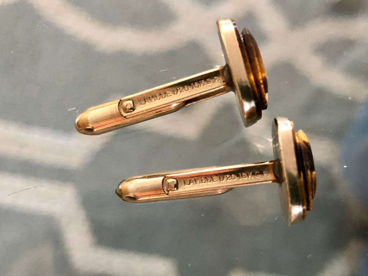 Lamode 10K Gold Filled Carved Tiger Eye Warrior Cameo Cufflinks — 1/20 10K GF, c. 1950s–60s - Loom Vintage