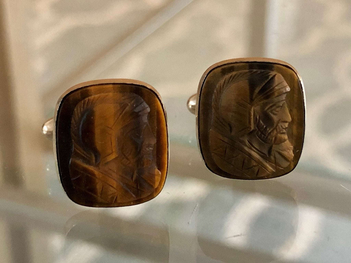 Lamode 10K Gold Filled Carved Tiger Eye Warrior Cameo Cufflinks — 1/20 10K GF, c. 1950s–60s - Loom Vintage
