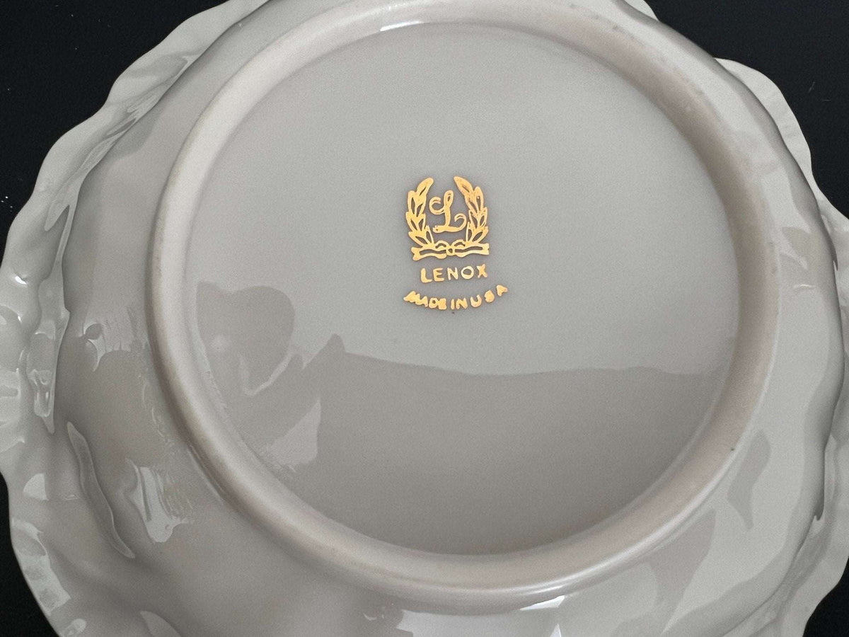 Lenox Embossed Chrysanthemum Leaf Dish — Gold Scalloped Rim, Footed, Made in USA - Loom Vintage