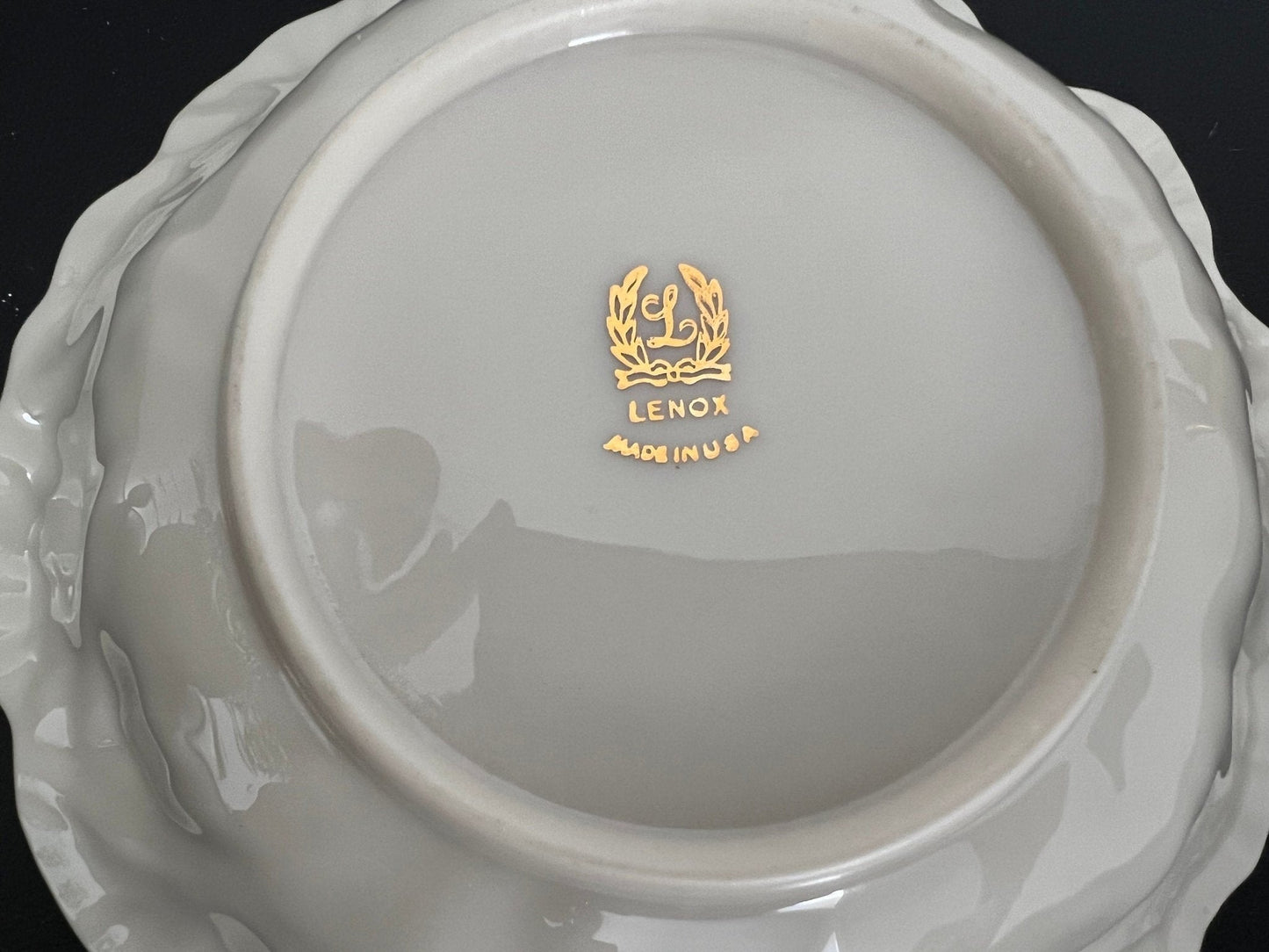 Lenox Embossed Chrysanthemum Leaf Dish — Gold Scalloped Rim, Footed, Made in USA - Loom Vintage