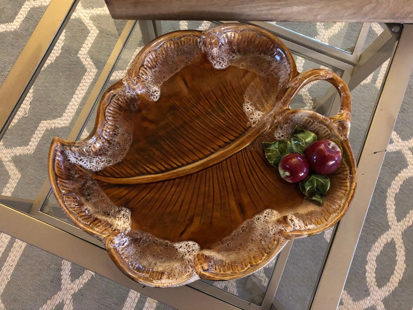 Maurice of California Leaf - Form Serving Platter with Apple Detail — 14.75", c. 1960s - Loom Vintage