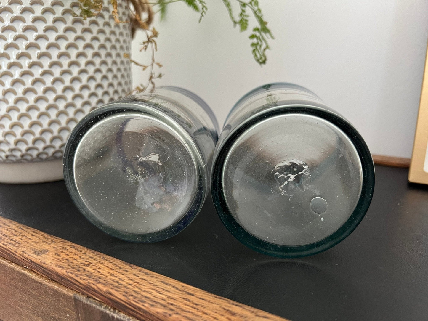 Mexican Hand - Blown Glass Tumblers, Set of 2 — One Teal Rim, One Navy Rim, 4"H - Loom Vintage