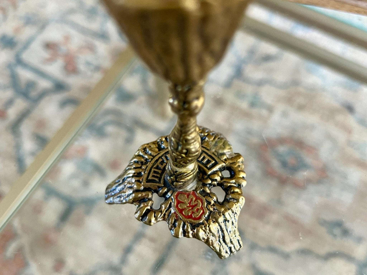 Mid - Century Judaica Brass Candlestick — Ornate Sculptural Column, Lion Base, 4.5"H, Single - Loom Vintage
