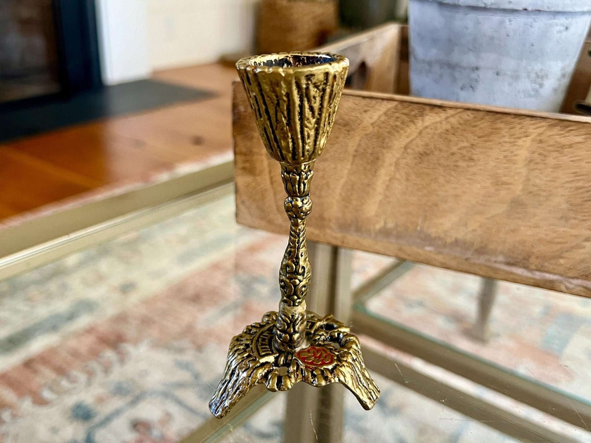 Mid - Century Judaica Brass Candlestick — Ornate Sculptural Column, Lion Base, 4.5"H, Single - Loom Vintage