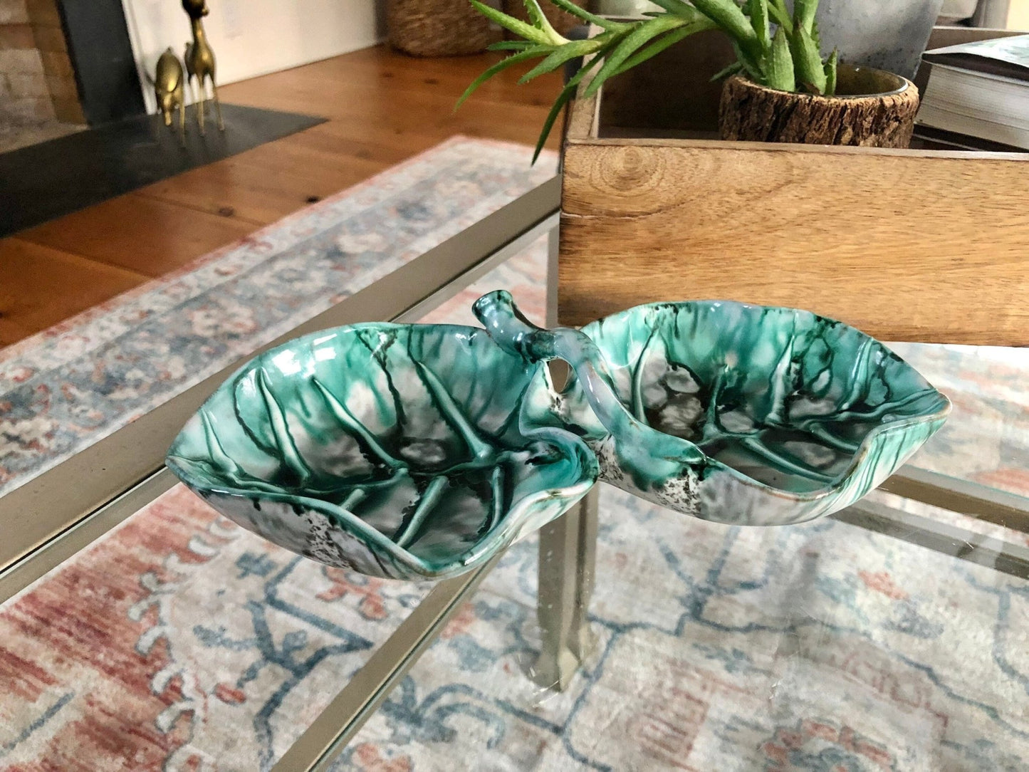 Mid Century Modern Hand Painted Italian Pottery Double Leaf Bowl, Vintage Italian Pottery Leaf Dish, Italian Home Decor, Made in Italy - Loom Vintage