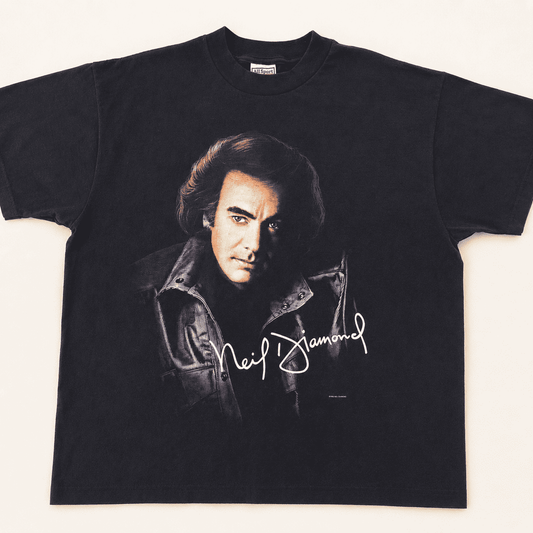 Neil Diamond 1996 U.S. Tour tee front, portrait graphic and printed signature on black cotton