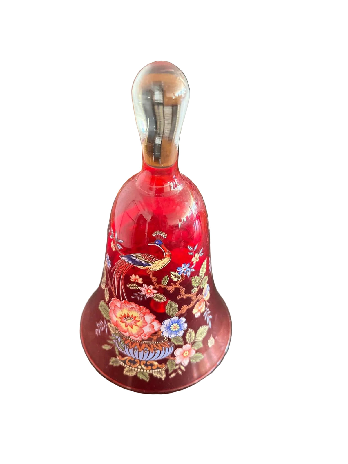 Norleans Cranberry Glass Bell — Floral & Peacock Motif, Clear Handle & Clapper, Made in Italy - Loom Vintage