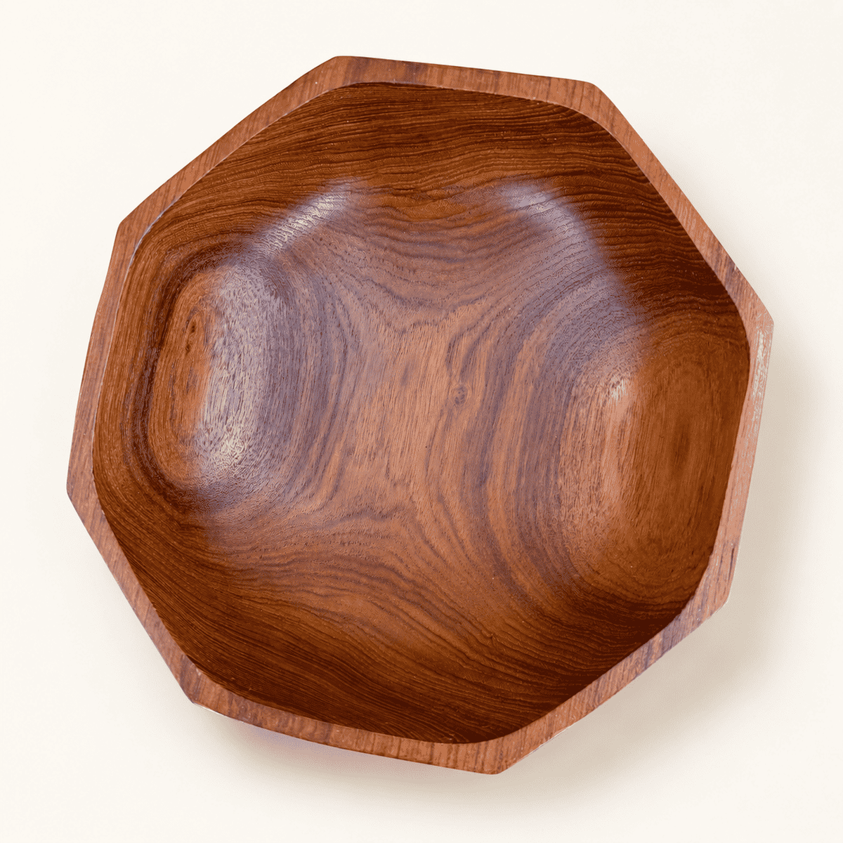 Overhead view of octagonal teak bowl interior