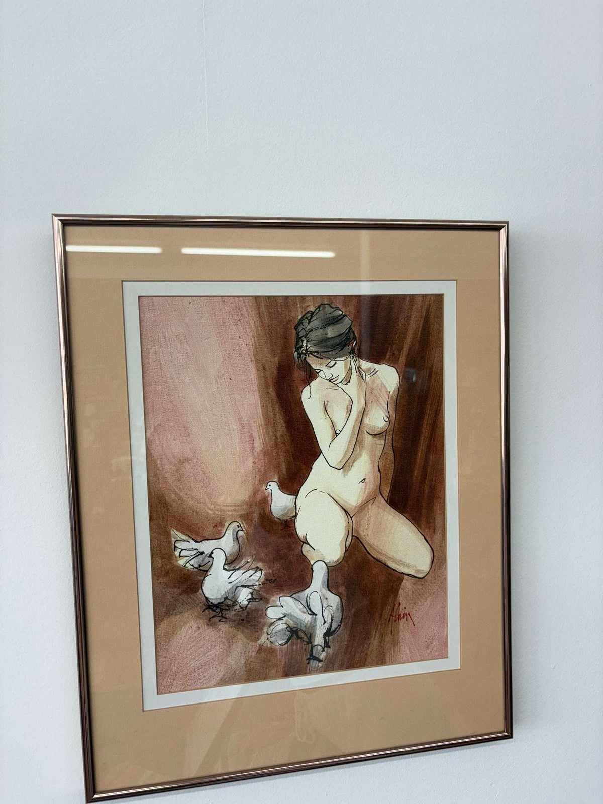 Original Watercolor, Nude with Doves — Signed "Alain," Mid - Century Figurative - Loom Vintage