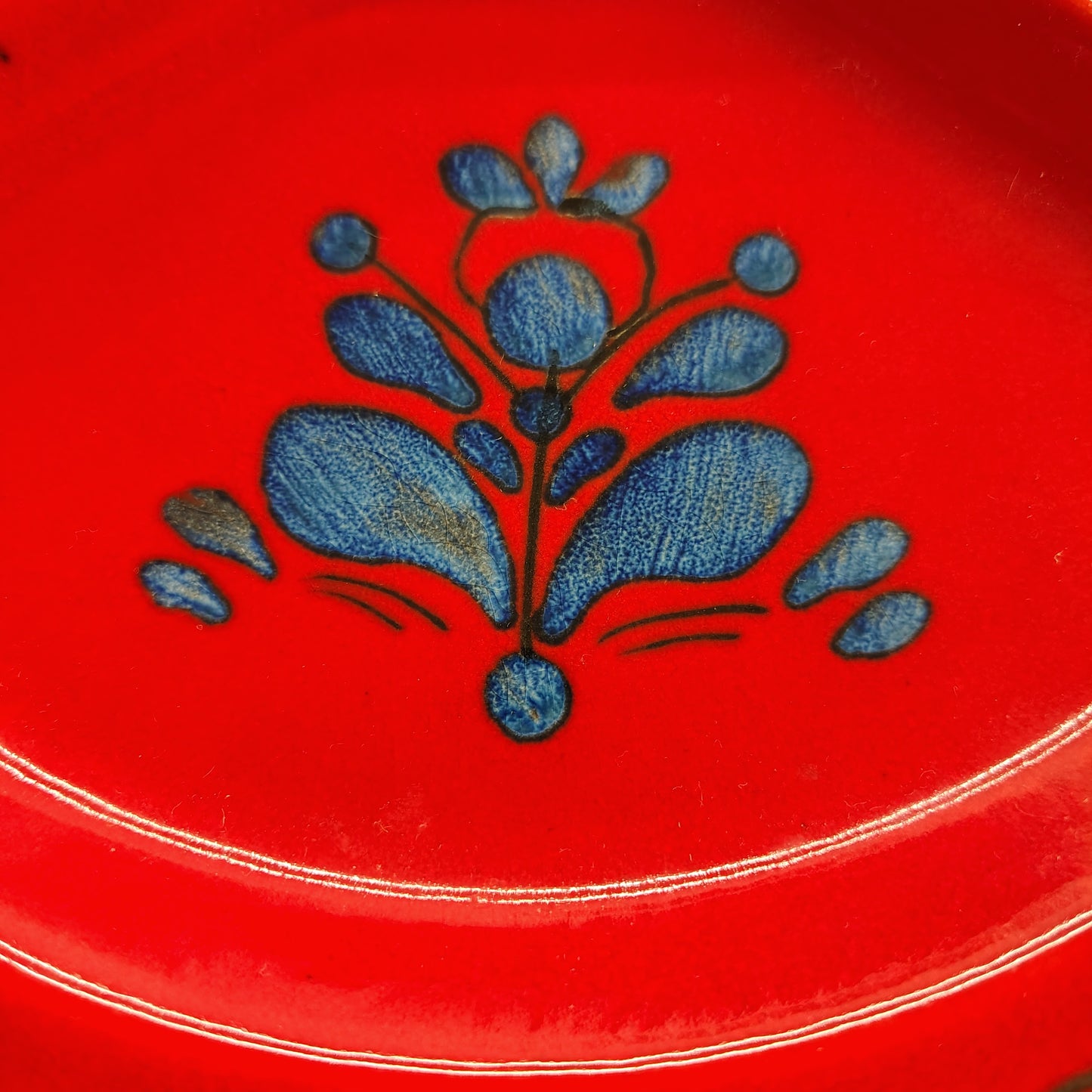 Schramberg SMF Germany Fondue Set — Red Glaze & Folk Motif, Service for 6