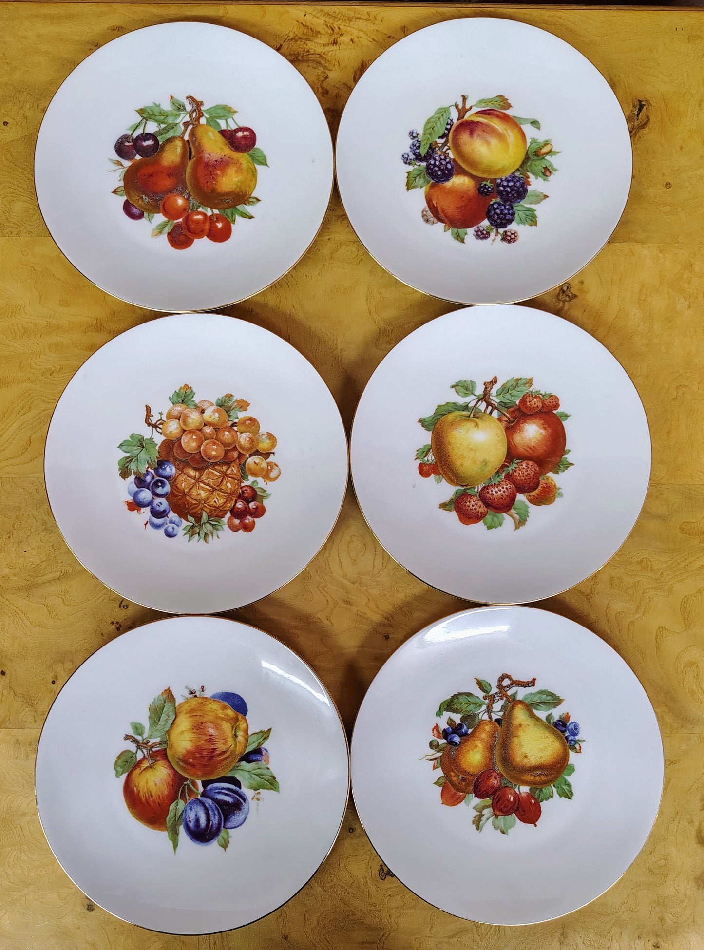 Bareuther Waldsassen Bavaria Fruit Plates, Set of 6 — Gold Rim, Assorted Fruit Designs, 7.5–8"