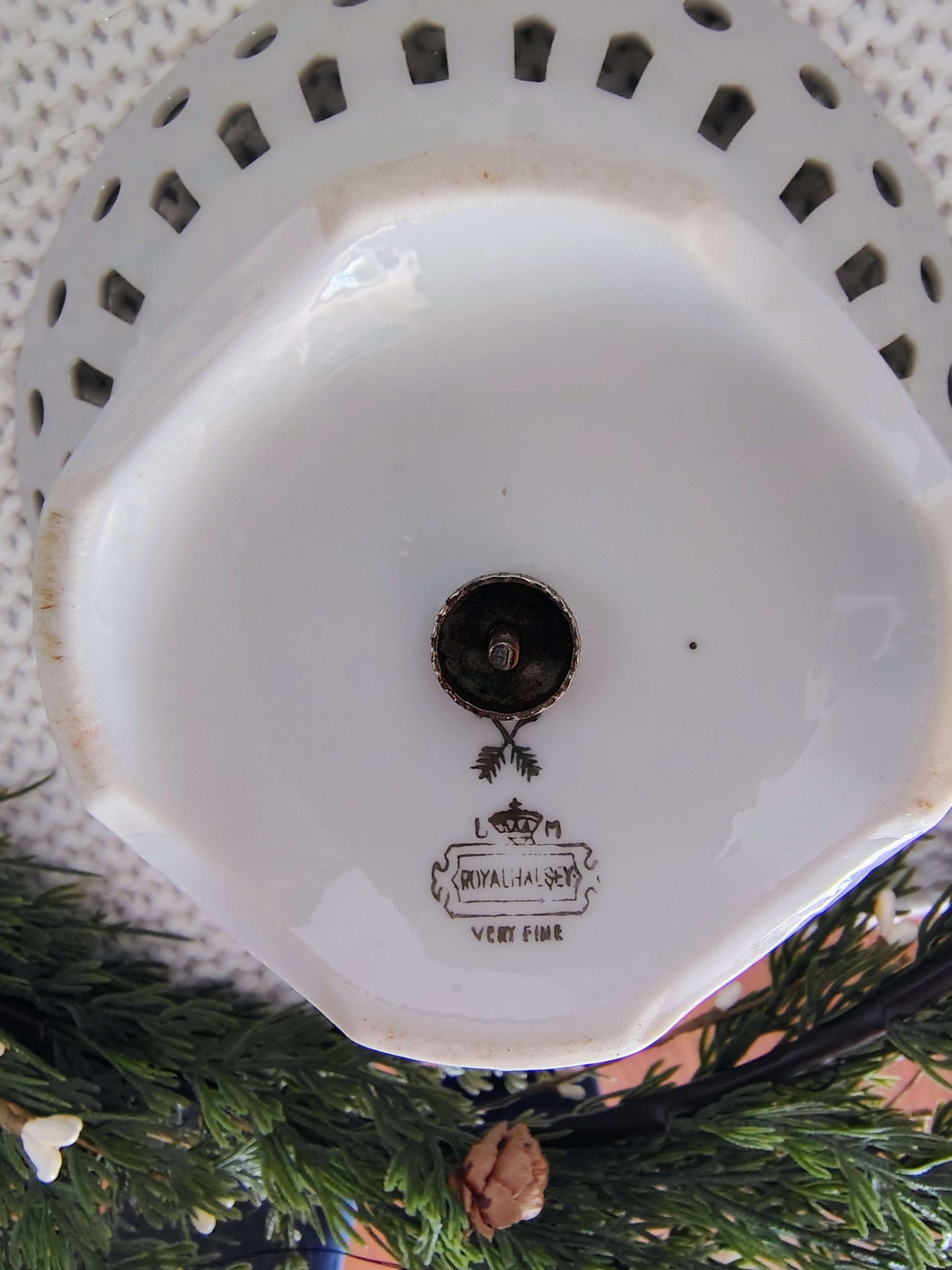 Royal Halsey Fine China Pedestal Bowl – Reticulated Edge, Gold Pinecone Design – photo 6 of 6