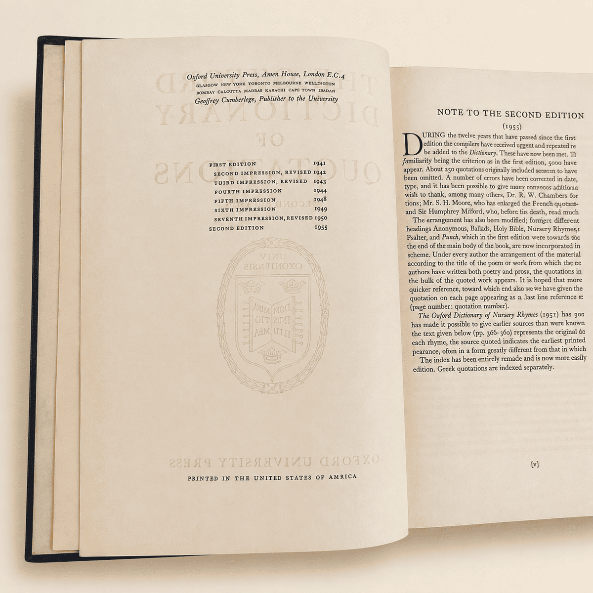 Oxford Dictionary of Quotations, 1955 second edition hardcover, open interior pages