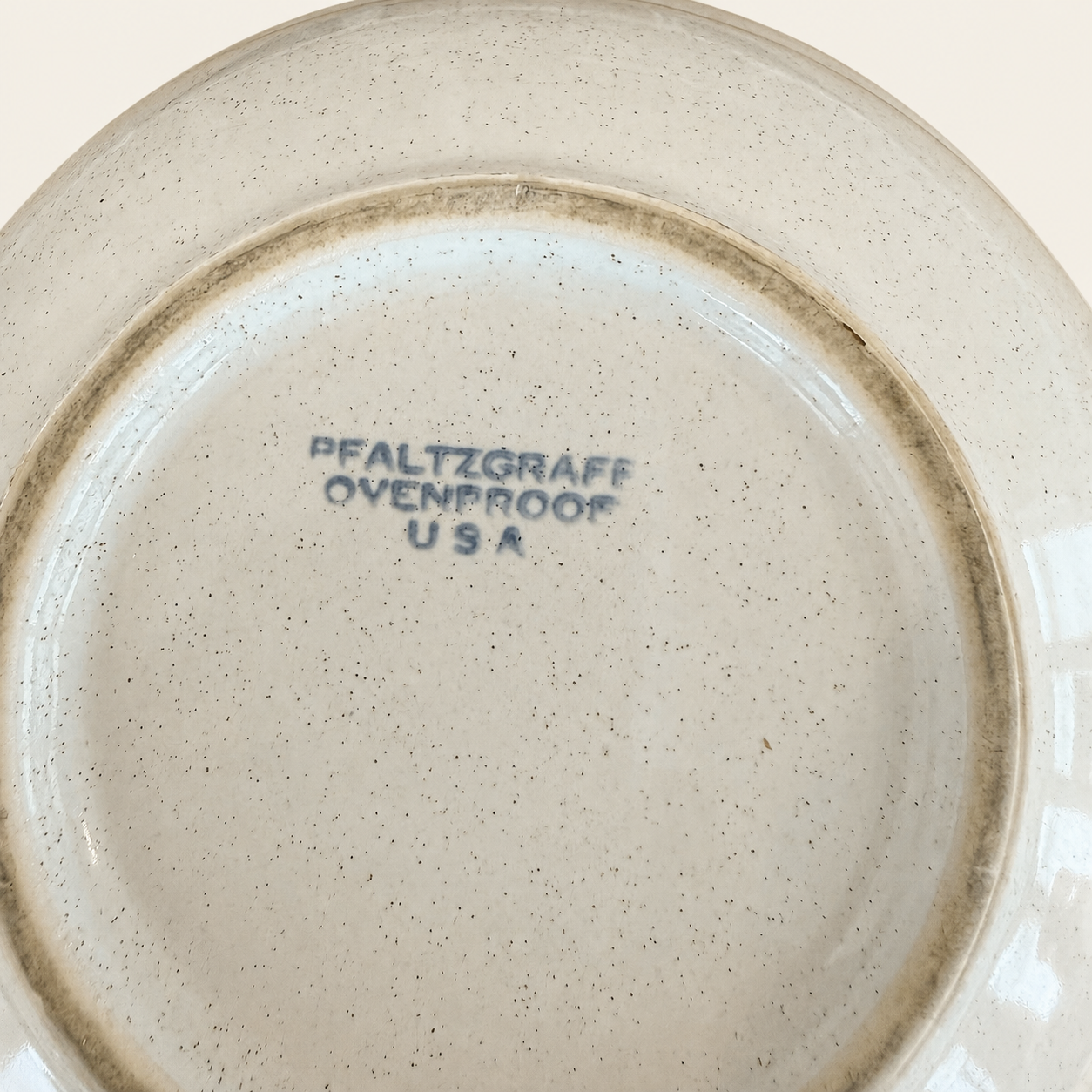 Close up of Pfaltzgraff Ovenproof USA maker stamp