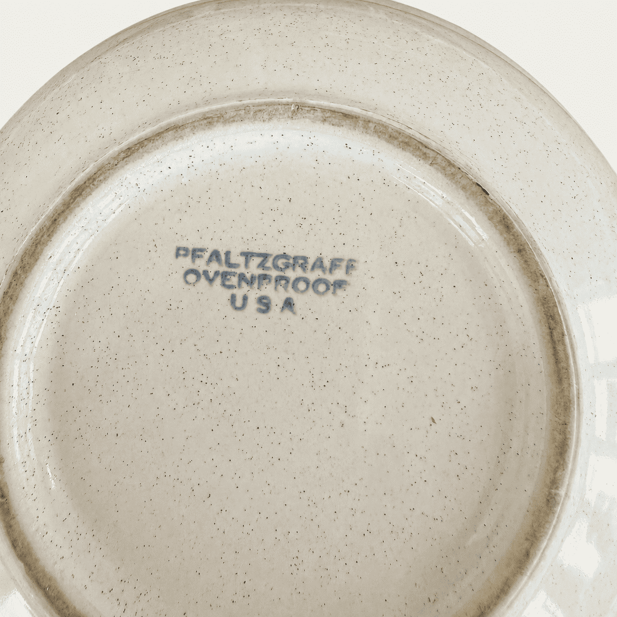 Close up of Pfaltzgraff Ovenproof USA maker stamp