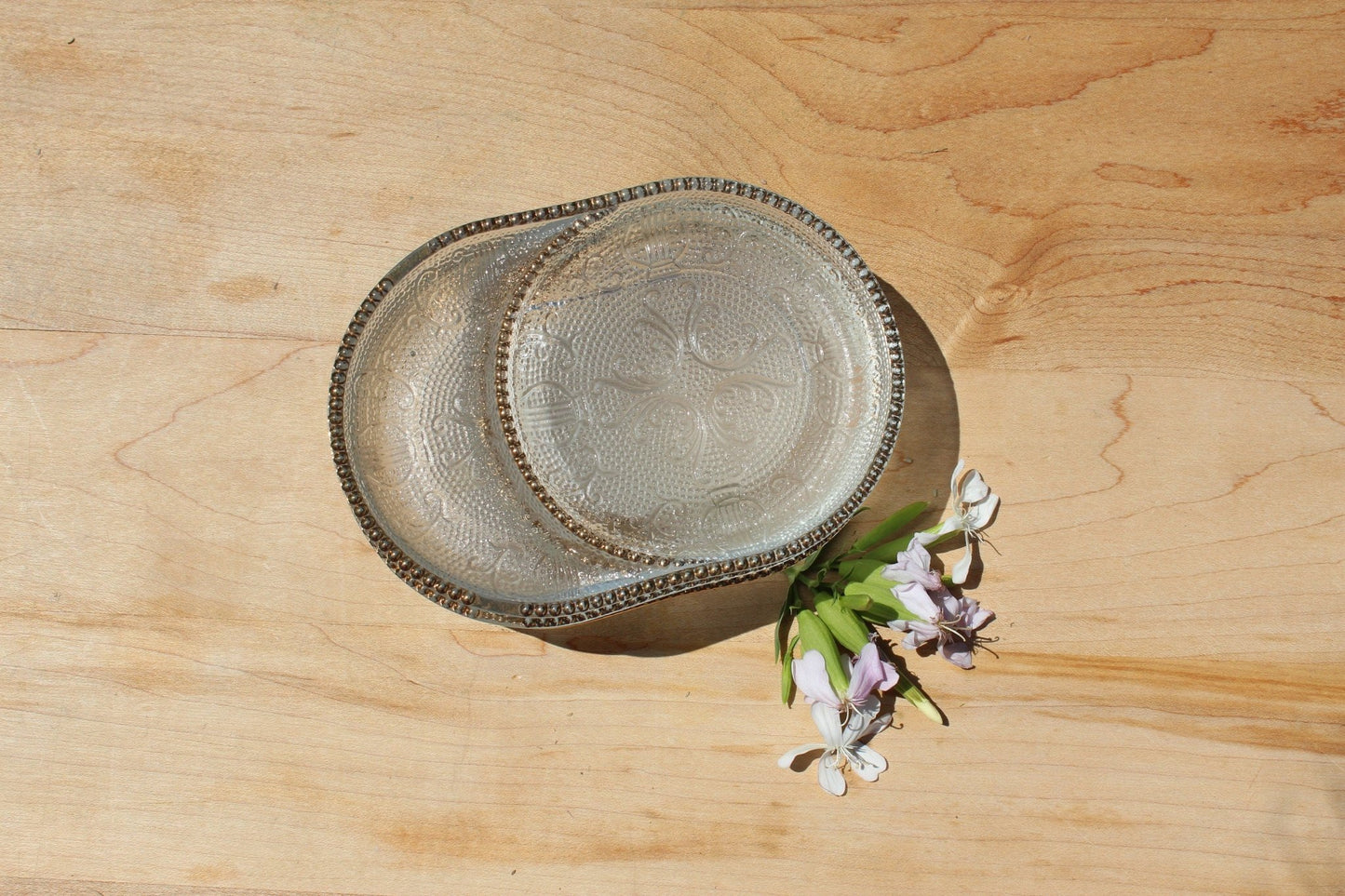 Pressed Glass Trinket Dishes, Set of 3 — Swirl Floral & Harp Pattern, Gold Dot Rim, 4.75"L - Loom Vintage