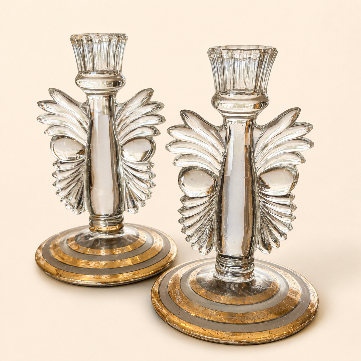 Art Deco Pressed Glass Candlesticks, Pair — Fanned Plume Sides, Gold Banded Bases