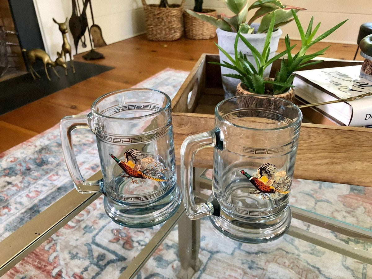 Princess House Glass Pheasant Geese Beer Steins / Retro Glass with Silver Band / Vintage Bar Ware / Beer Cup NIB Hunter Gift - Loom Vintage