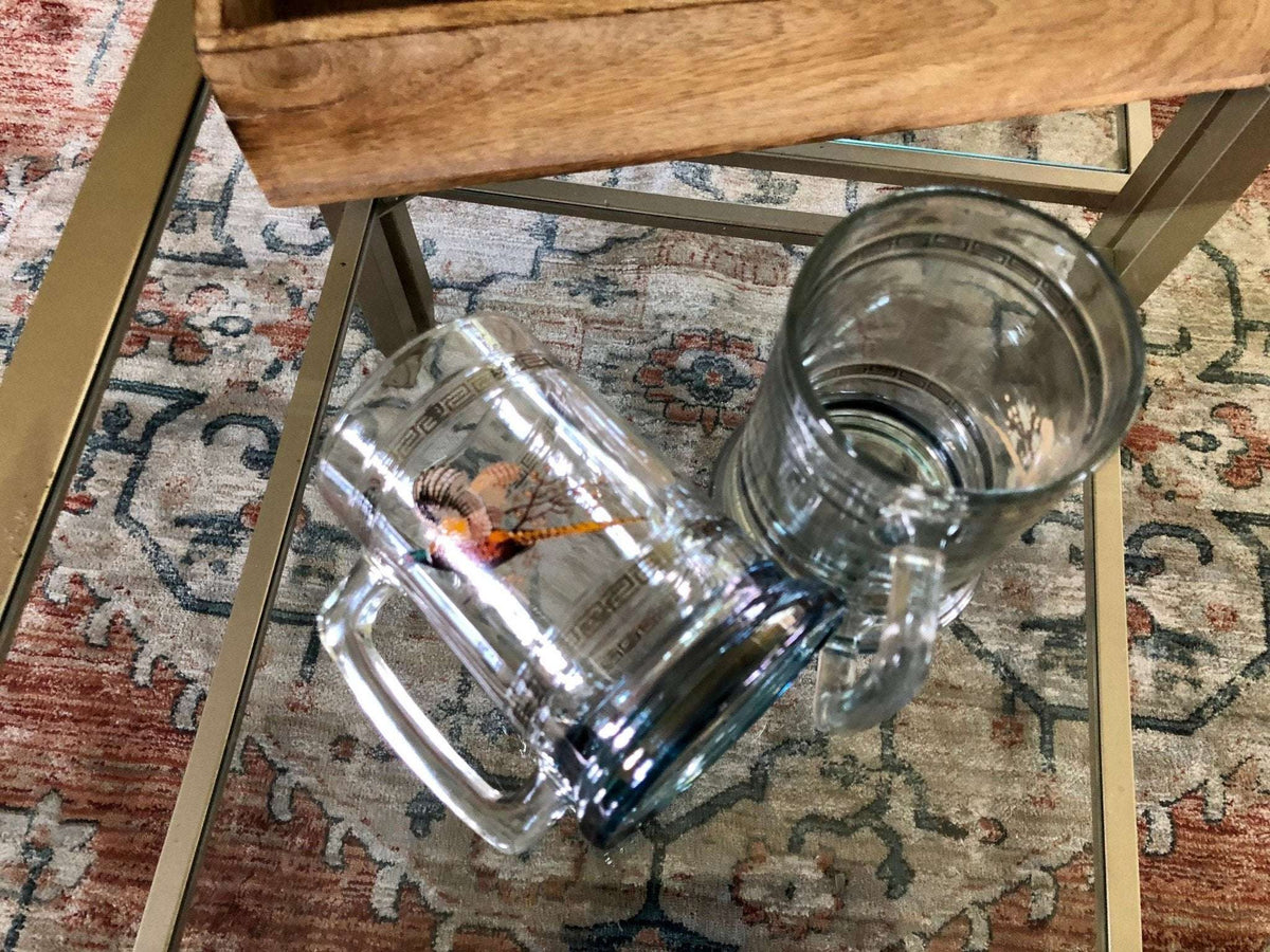 Princess House Glass Pheasant Geese Beer Steins / Retro Glass with Silver Band / Vintage Bar Ware / Beer Cup NIB Hunter Gift - Loom Vintage