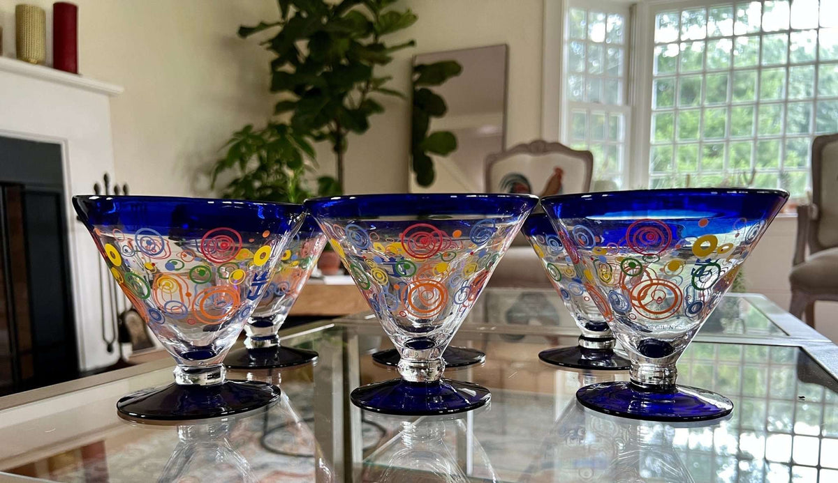 Retro martini glasses, set of 6, colorful circles with cobalt blue rim and foot, photo 1 of 10