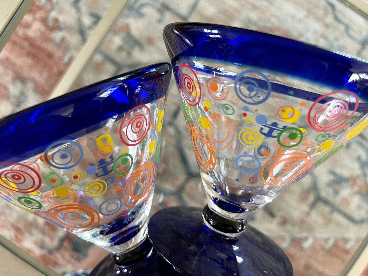Retro martini glasses, set of 6, colorful circles with cobalt blue rim and foot, photo 5 of 10