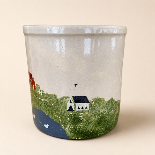 Hand-painted farmhouse and duck pond on stoneware crock