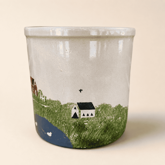 Hand-painted farmhouse and duck pond on stoneware crock