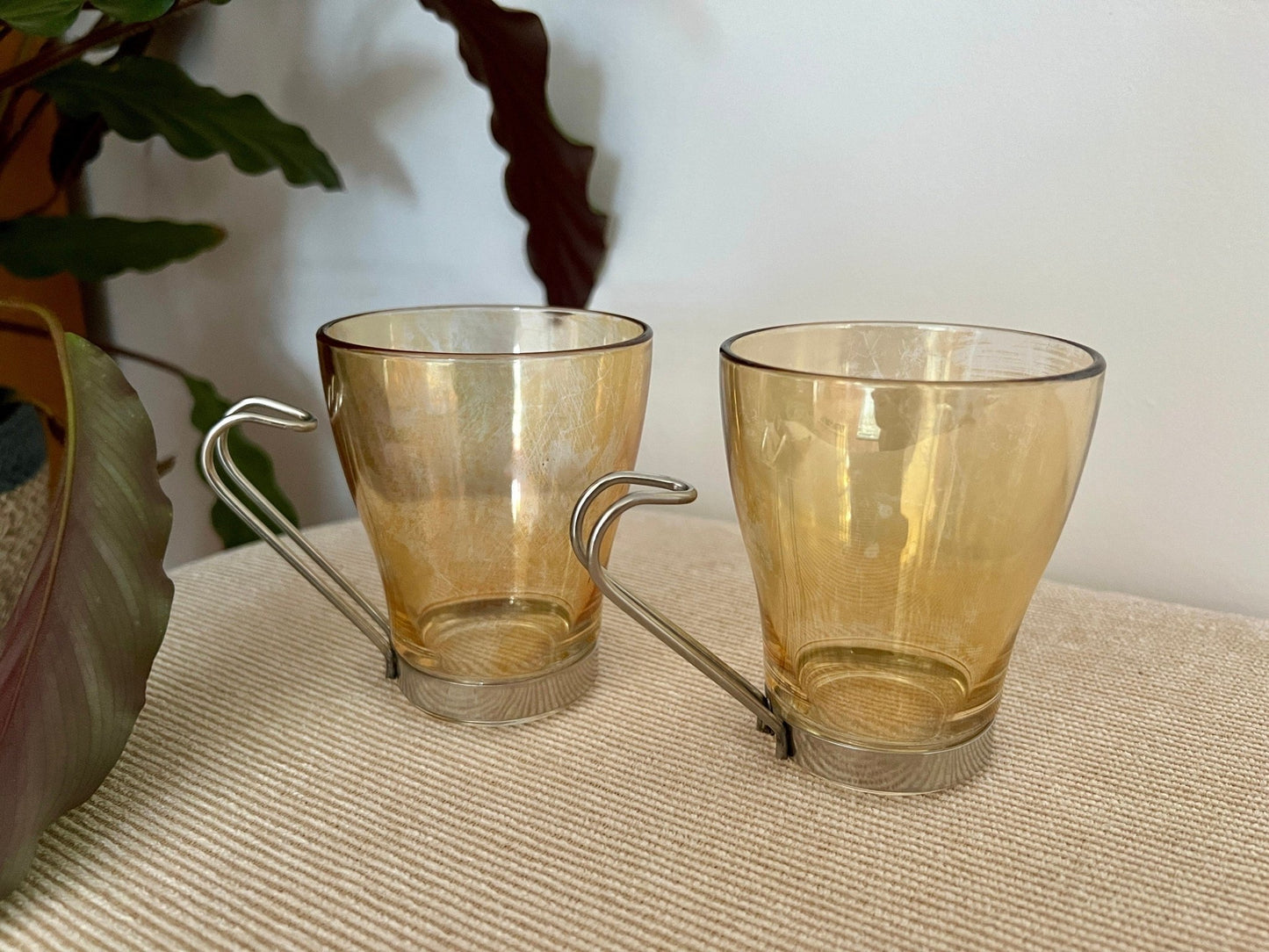 Set of 2 Italy Amber Glass Mugs / Coffee Cups with metal Handles - Loom Vintage