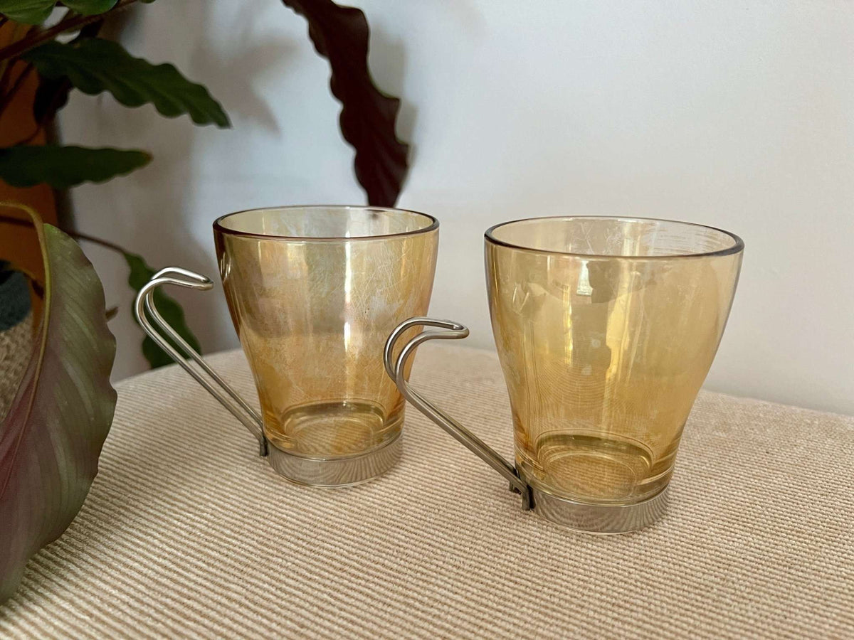 Set of 2 Italy Amber Glass Mugs / Coffee Cups with metal Handles - Loom Vintage