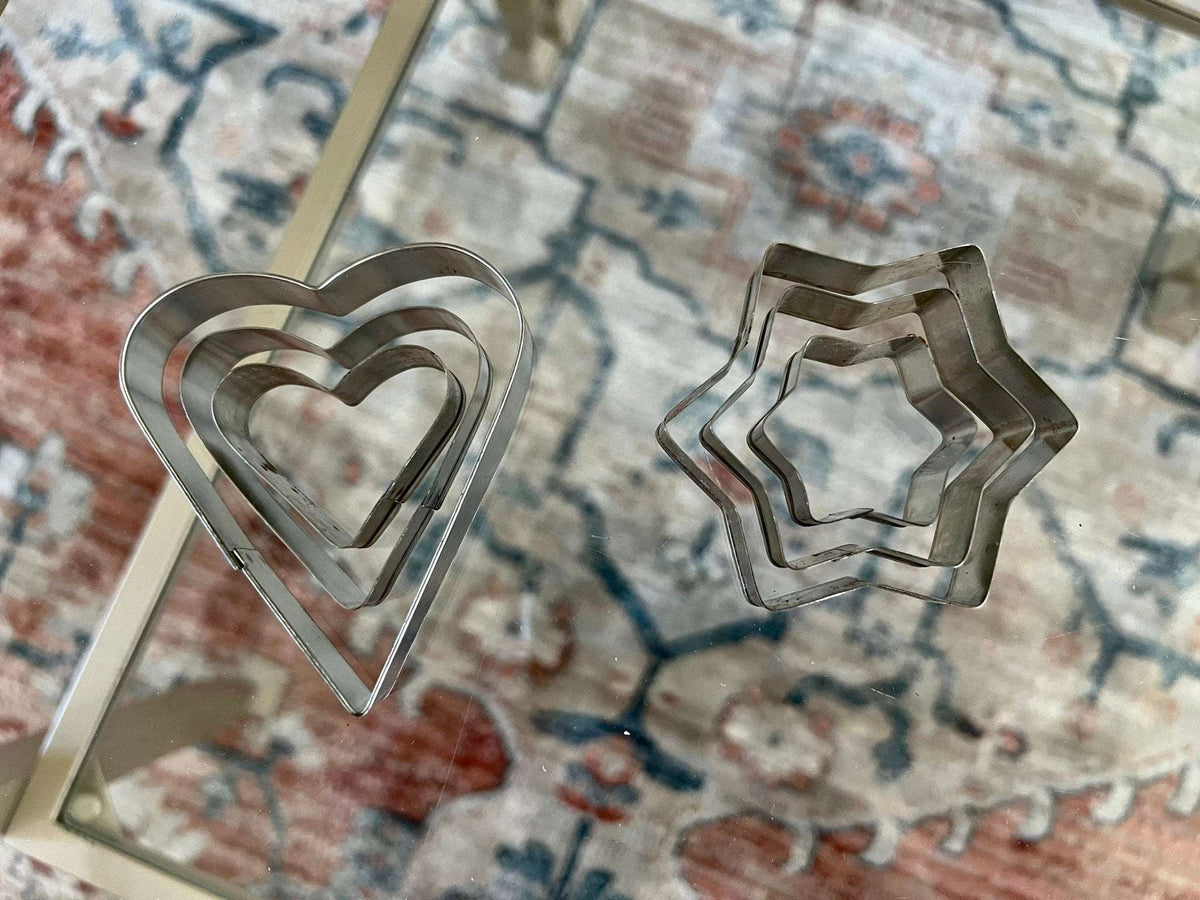 Set of 6 Vintage Aluminum Cookie Cutters - 3 Heart and 3 Hexagram Star - Loom Vintage