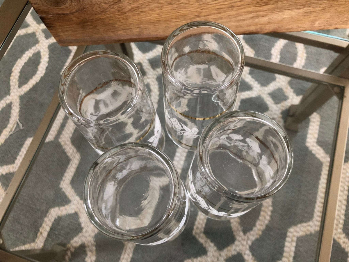 Set of Four Vintage Gold Rimmed Crystal Drink Glasses, Raised Frosted Fruit Design Ornate Juice Glasses, Classic Barware, Water - Loom Vintage