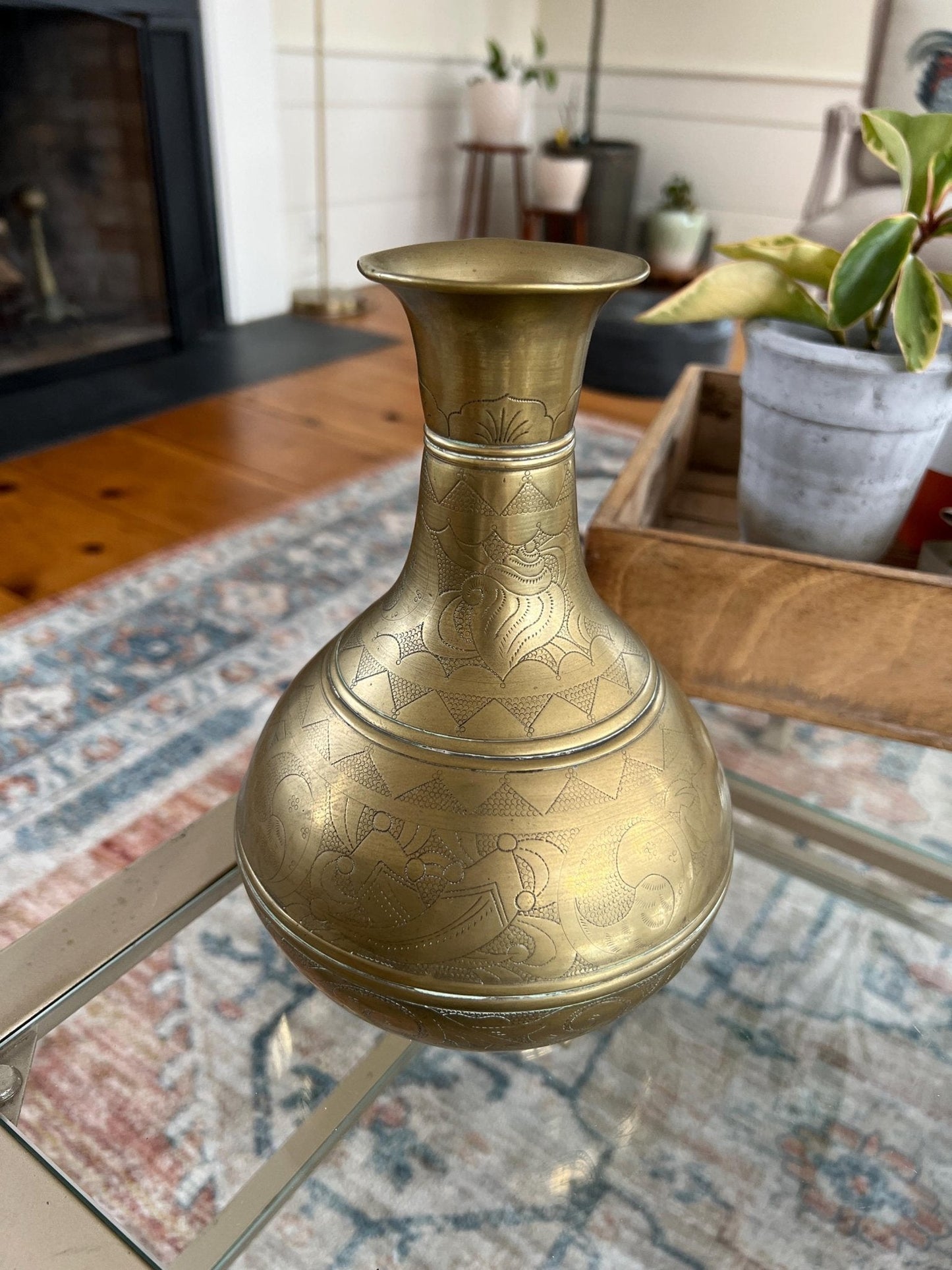 Solid Brass Etched Vase — Floral, Shell & Yin-Yang Motifs, Heavy Vintage Patina, 8.5" - Loom Vintage